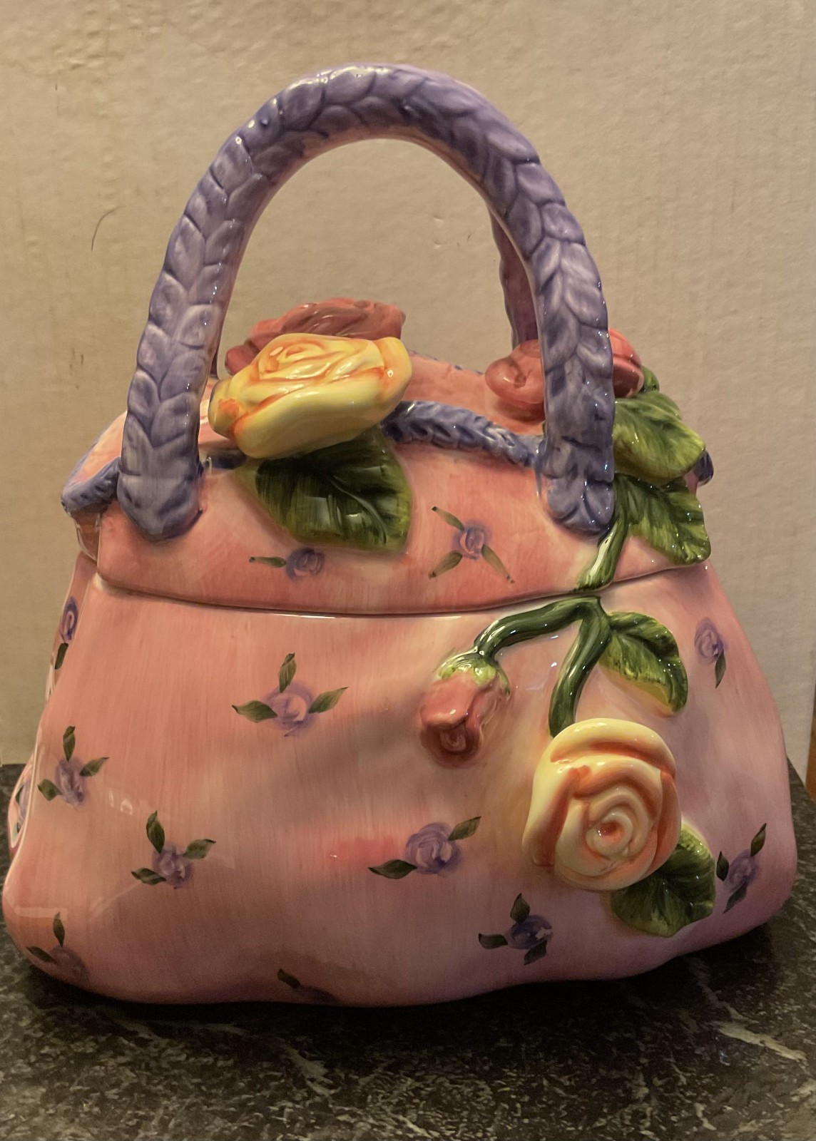 Vintage Victorian Style Handbag Ceramic Cookie Jar Floral Hand Painted 10.5\ Vintage Victorian Style Handbag Ceramic Cookie Jar Floral Hand Painted 10.5\