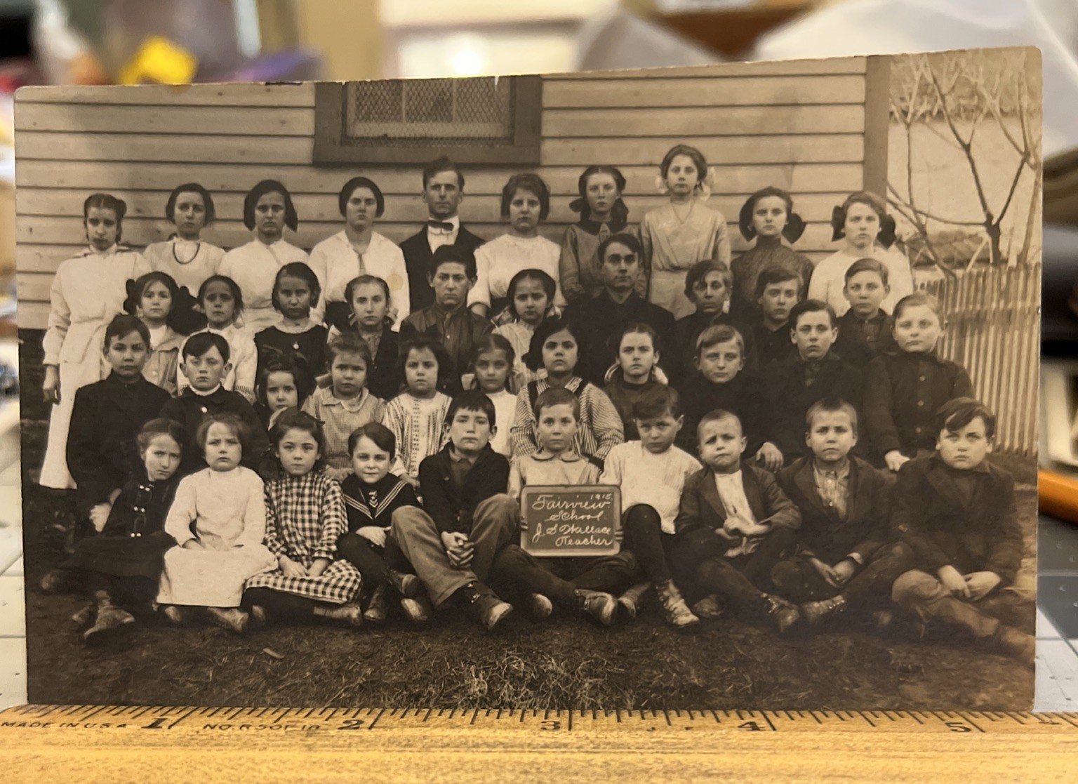 1915 RPPC Fairview PA, Erie Co. Fairview School Class Photo J S Wallace Teacher