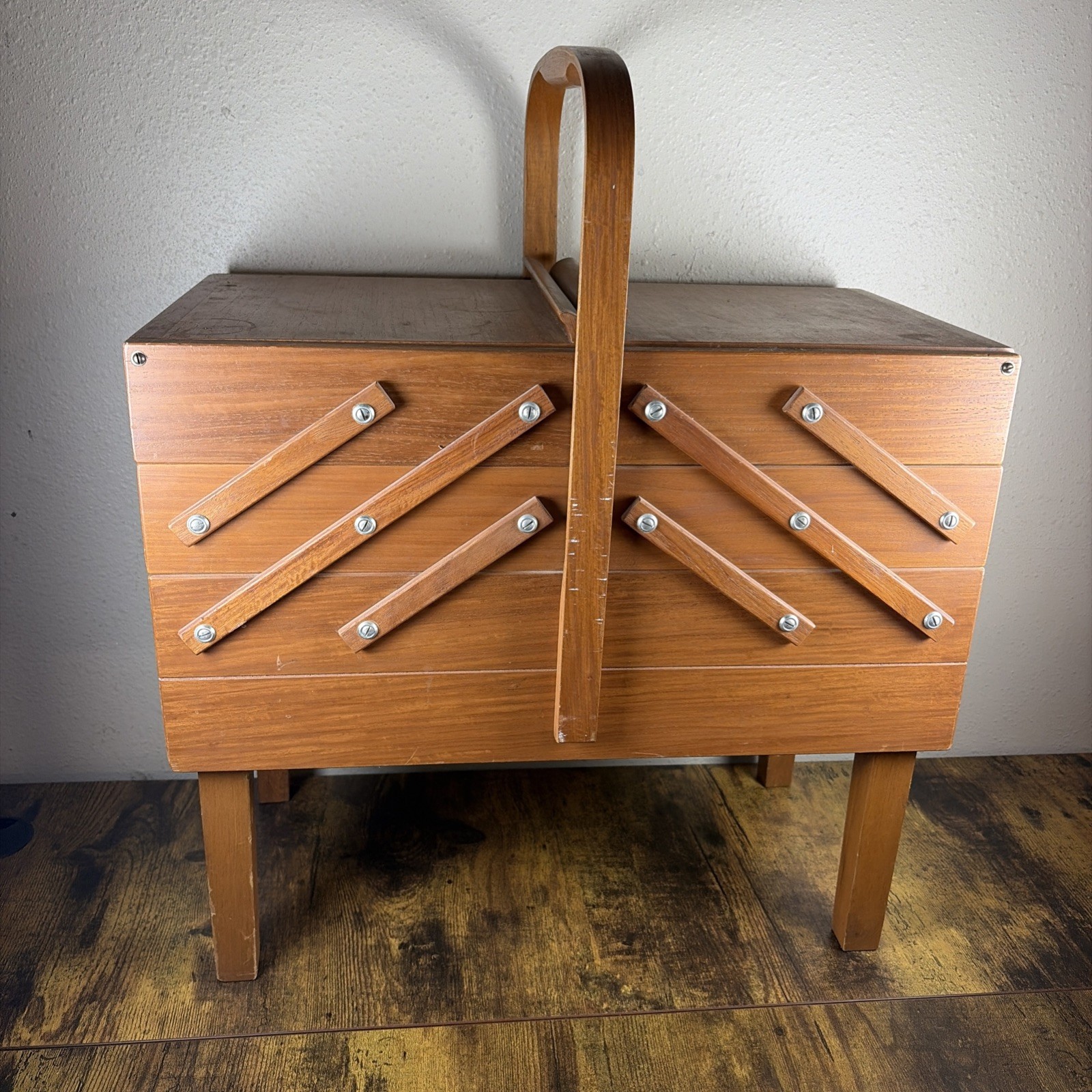 VTG Mid Century Strommen Bruk Hamar Norway Accordion Style Wood Sewing Box Fold VTG Mid Century Strommen Bruk Hamar Norway Accordion Style Wood Sewing Box Fold