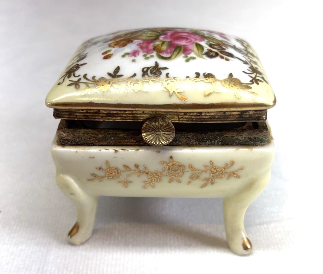 VTG Norleans Hinged Porcelain Trinket Box White Gold Floral Footed 1950's Japan