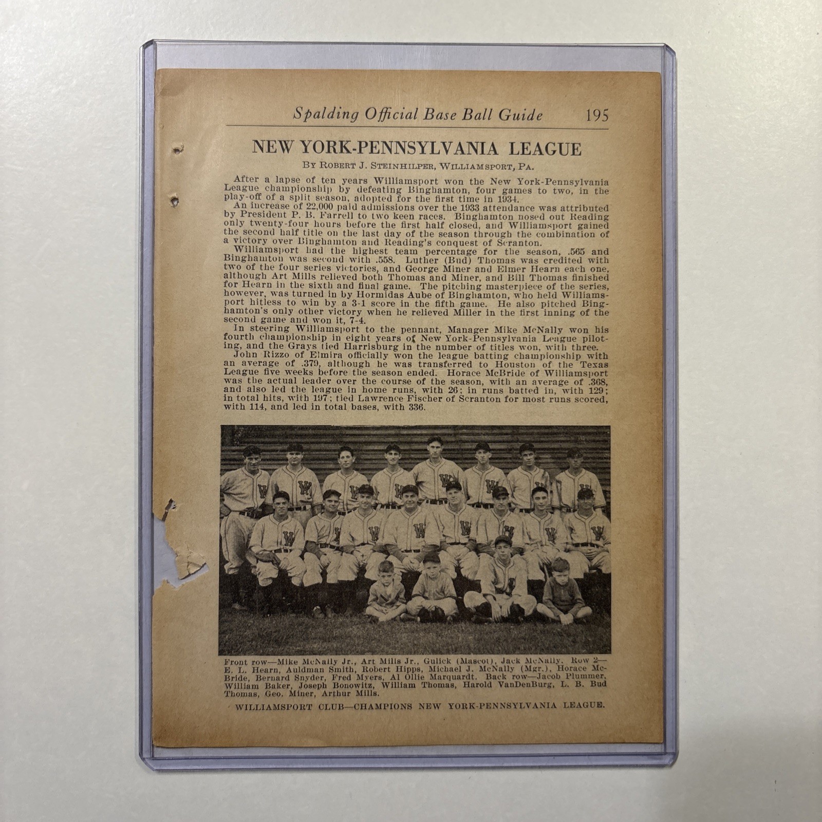 1934 Williamsport PA Baseball Team Picture Rare Antique League Champion