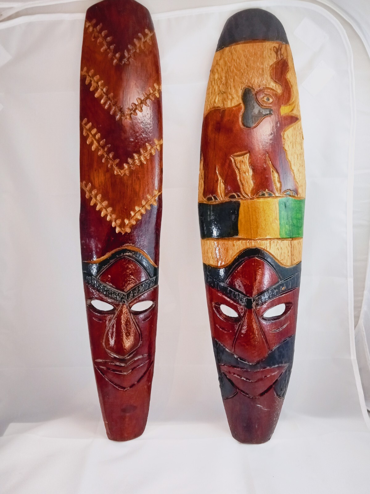 2 Vintage African Tribal Art Hand Carved & Painted Wood Face Mask \