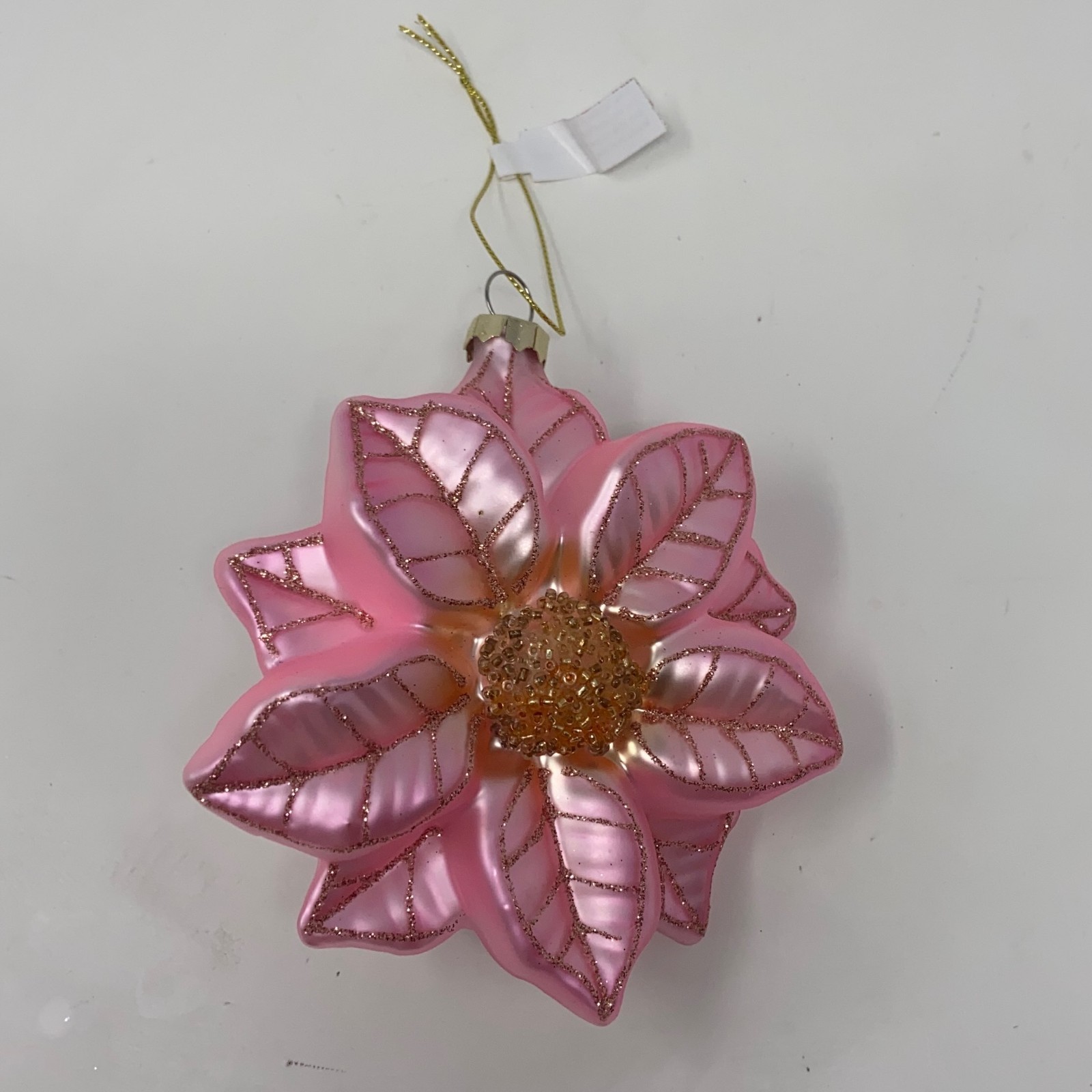 Pink Poinsettia Glass Christmas Ornament w/ Glitter ~4.5in Pink Poinsettia Glass Christmas Ornament w/ Glitter ~4.5in