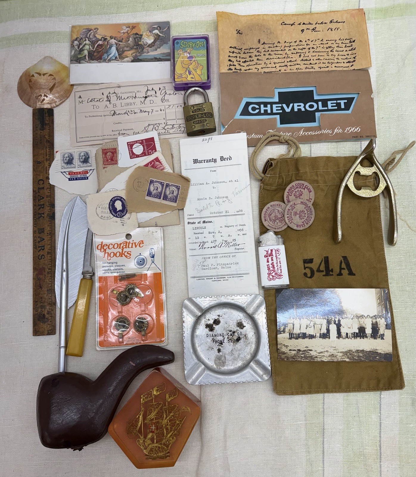 Vintage Junk Drawer Lot Ephemera Stamps Postcards Pipe Lock Brass Cards & More