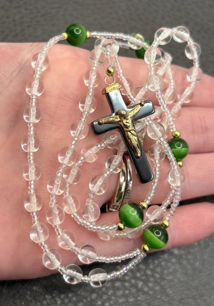 VTG Rosary Necklace Crystal Glass Beads Green Cat\'s Eye Hematite Crucifix 26” VTG Rosary Necklace Crystal Glass Beads Green Cat\'s Eye Hematite Crucifix 26”