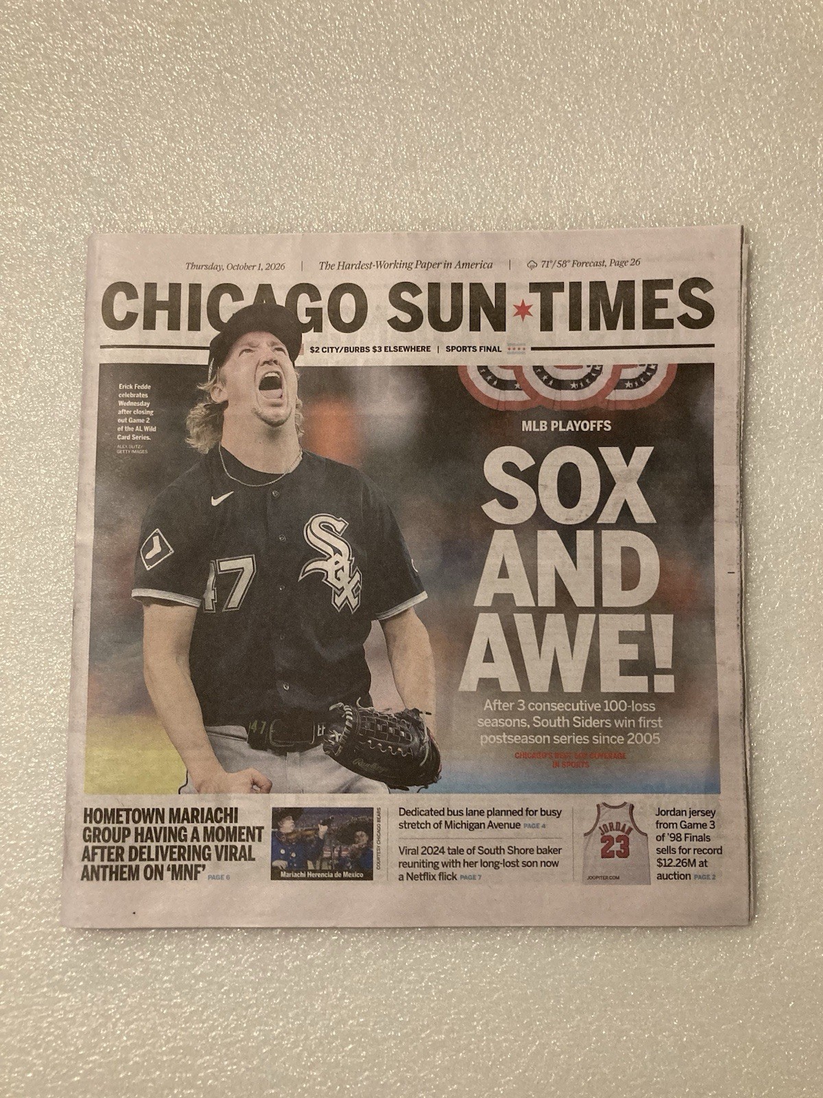 CHICAGO SUN-TIMES NEWSPAPER 10/1/2026 WHITE SOX WIN WILDCARD SERIES vs ASTROS CHICAGO SUN-TIMES NEWSPAPER 10/1/2026 WHITE SOX WIN WILDCARD SERIES vs ASTROS