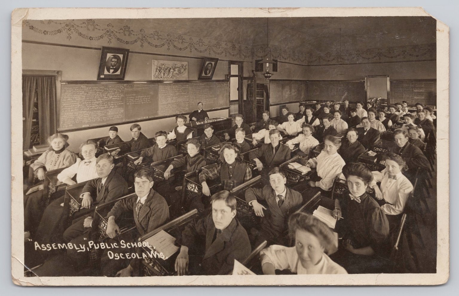 RPPC Osceola WI Public School Assembly Classroom Students 1910s Postcard RPPC Osceola WI Public School Assembly Classroom Students 1910s Postcard