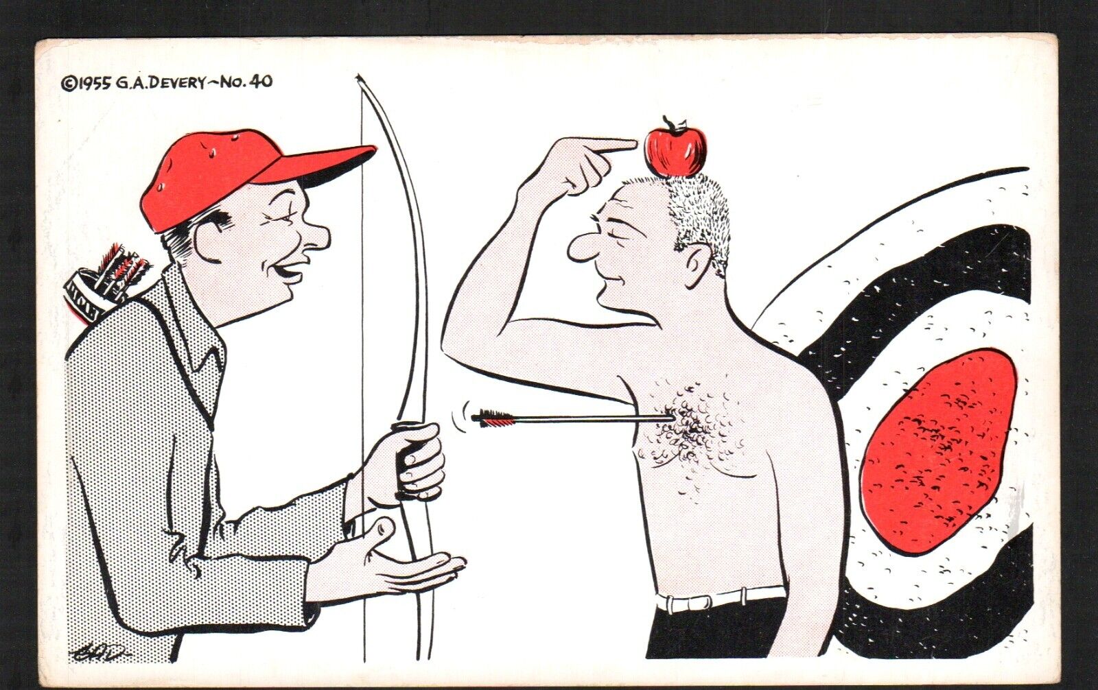 Old Humor Postcard Archery Bow Arrow Shooting Apple Target from Head 1955 Devery