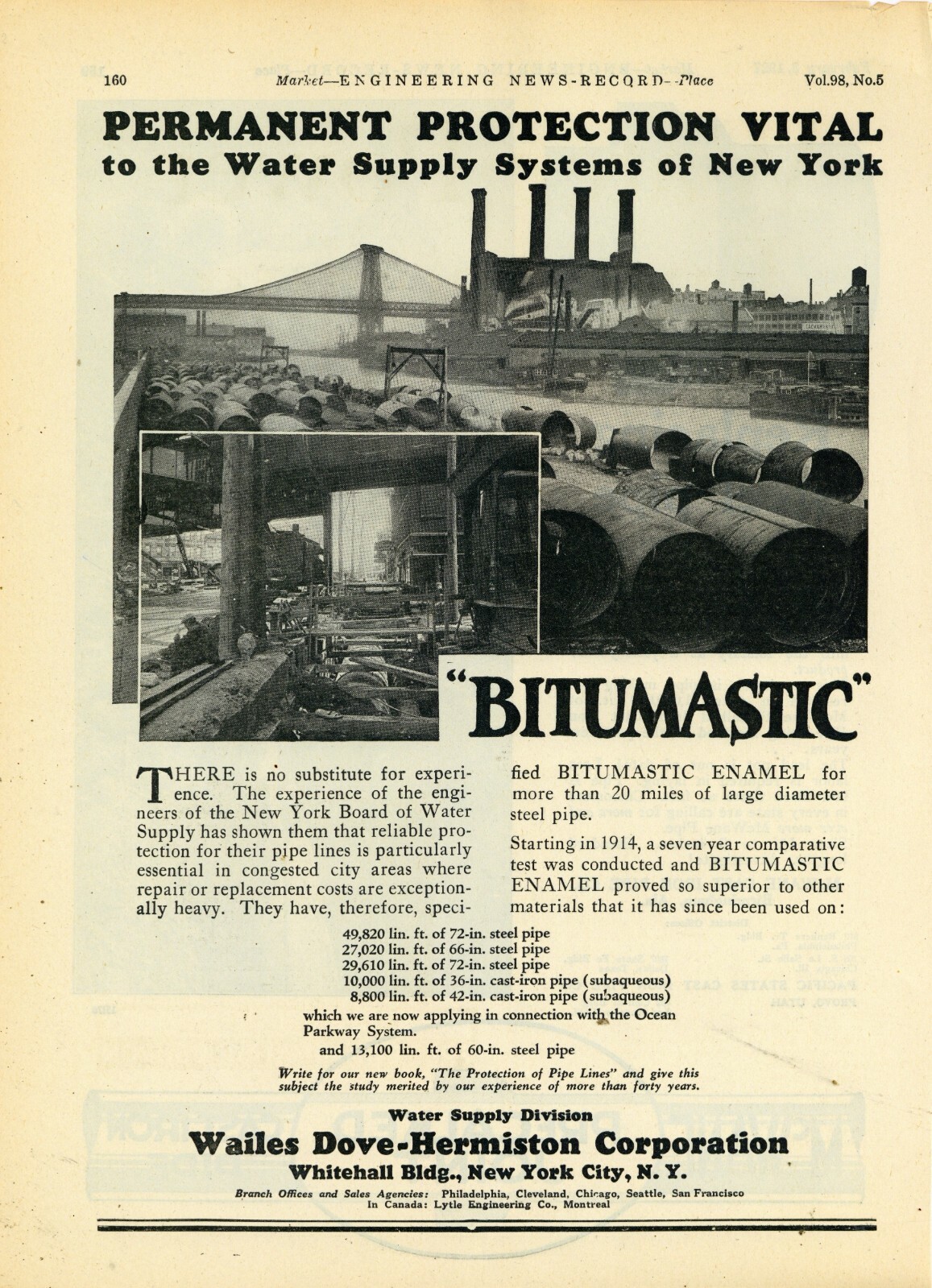 1927 Wailes Dove Hermiston Co. Ad: New York Board of Water Supply Pipeline Pics 1927 Wailes Dove Hermiston Co. Ad: New York Board of Water Supply Pipeline Pics