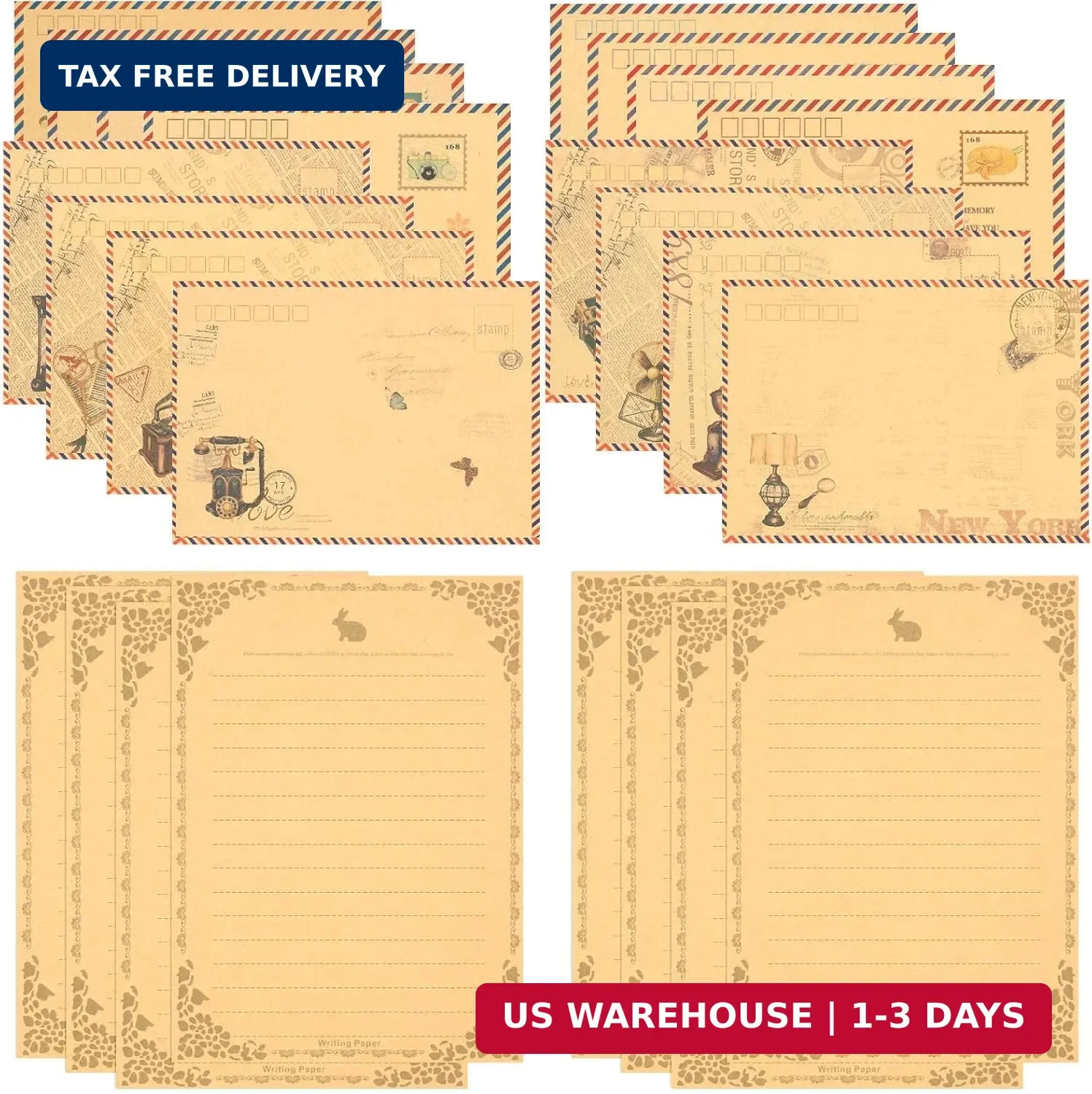 KSIWRE 48 PCS Vintage Style Stationery Paper and Envelopes Set, 32 PCS Lined Sta