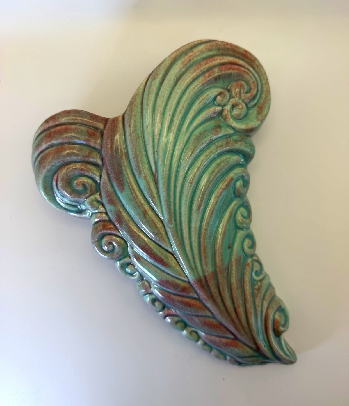 Vintage West Coast Pottery #305 R Wall Pocket Vase Teal Feather Art Deco MCM