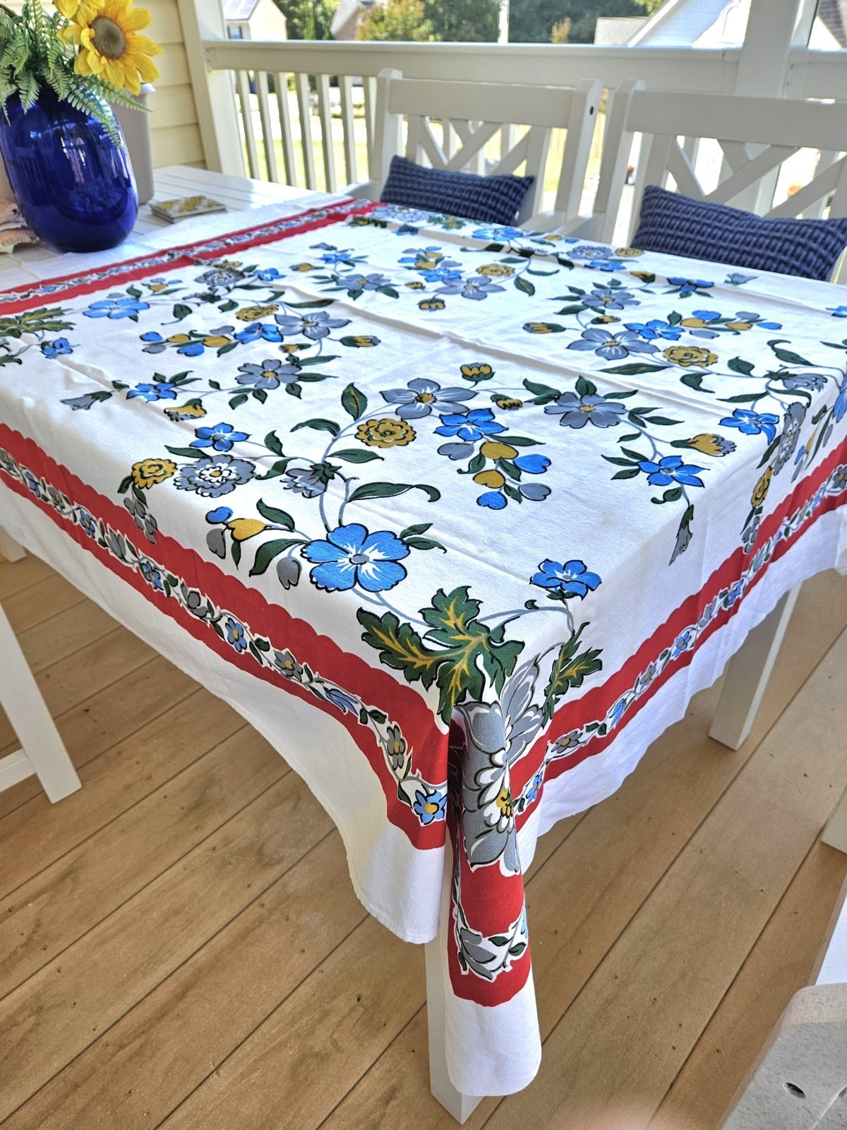 Vtg 50's Startex Tablecloth Blue Flowers Red Border NICE 46 Vtg 50's Startex Tablecloth Blue Flowers Red Border NICE 46