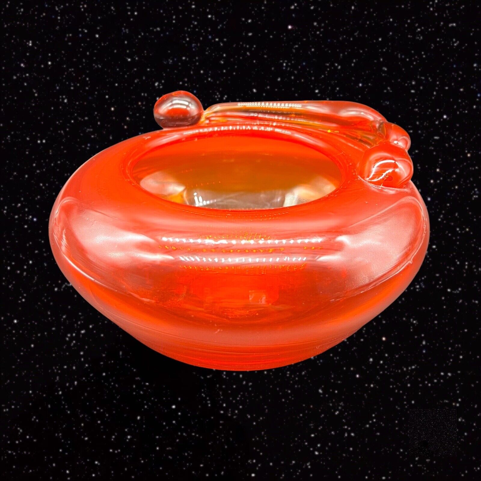 Murano Italy Hand Blown Bowl Orange Red Applied 3”t 6.75”w Vintage