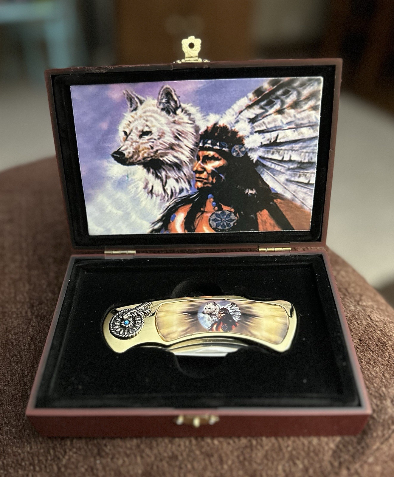 Vintage Collectible Folding Knife Native American Indian And Wolf Design W/ Case Vintage Collectible Folding Knife Native American Indian And Wolf Design W/ Case