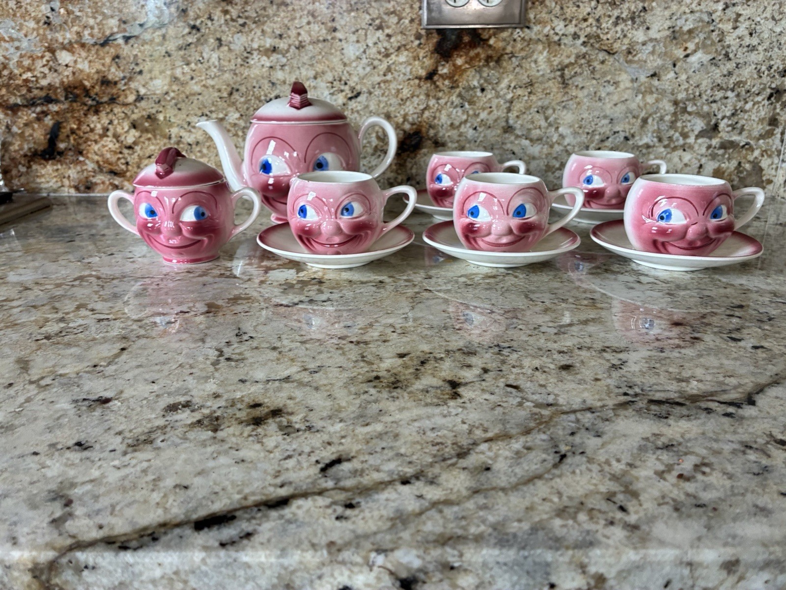 Vintage J Milota Czechoslovakia Moon Face Tea Set 1920s Porzelanit Googly Eye