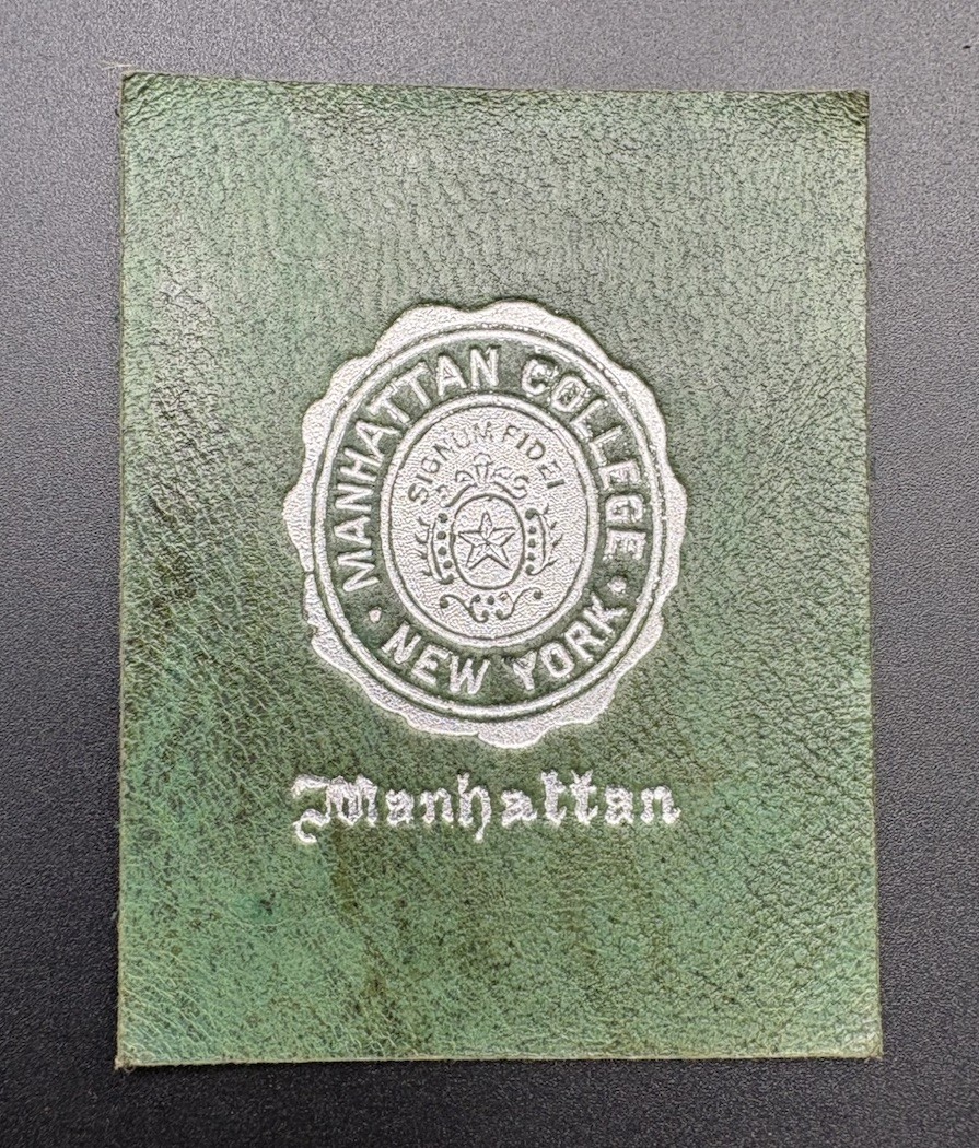 c1910 L20 Manhattan College New York College Seal Tobacco Leather Green c1910 L20 Manhattan College New York College Seal Tobacco Leather Green