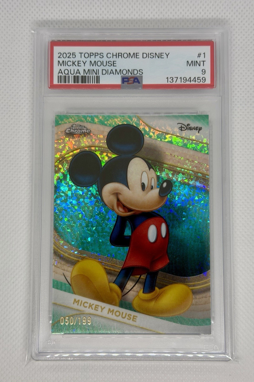 2025 TOPPS CHROME DISNEY AQUA MINI DIAMONDS #1 MICKEY MOUSE 50/199 PSA 9 2025 TOPPS CHROME DISNEY AQUA MINI DIAMONDS #1 MICKEY MOUSE 50/199 PSA 9