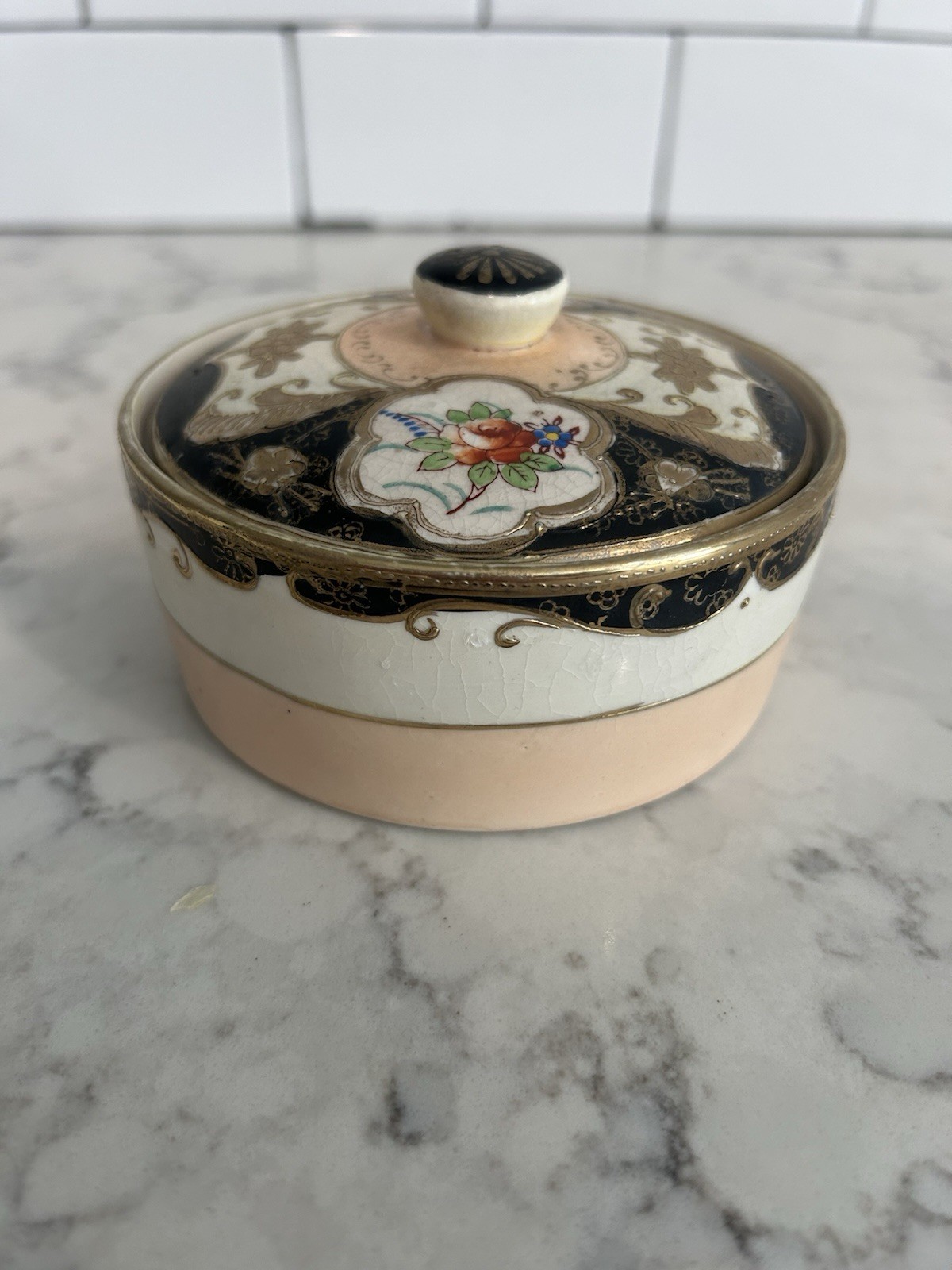 Vintage Hand Painted Japan Porcelain Trinket Box Lidded Floral Gold Black Vintage Hand Painted Japan Porcelain Trinket Box Lidded Floral Gold Black