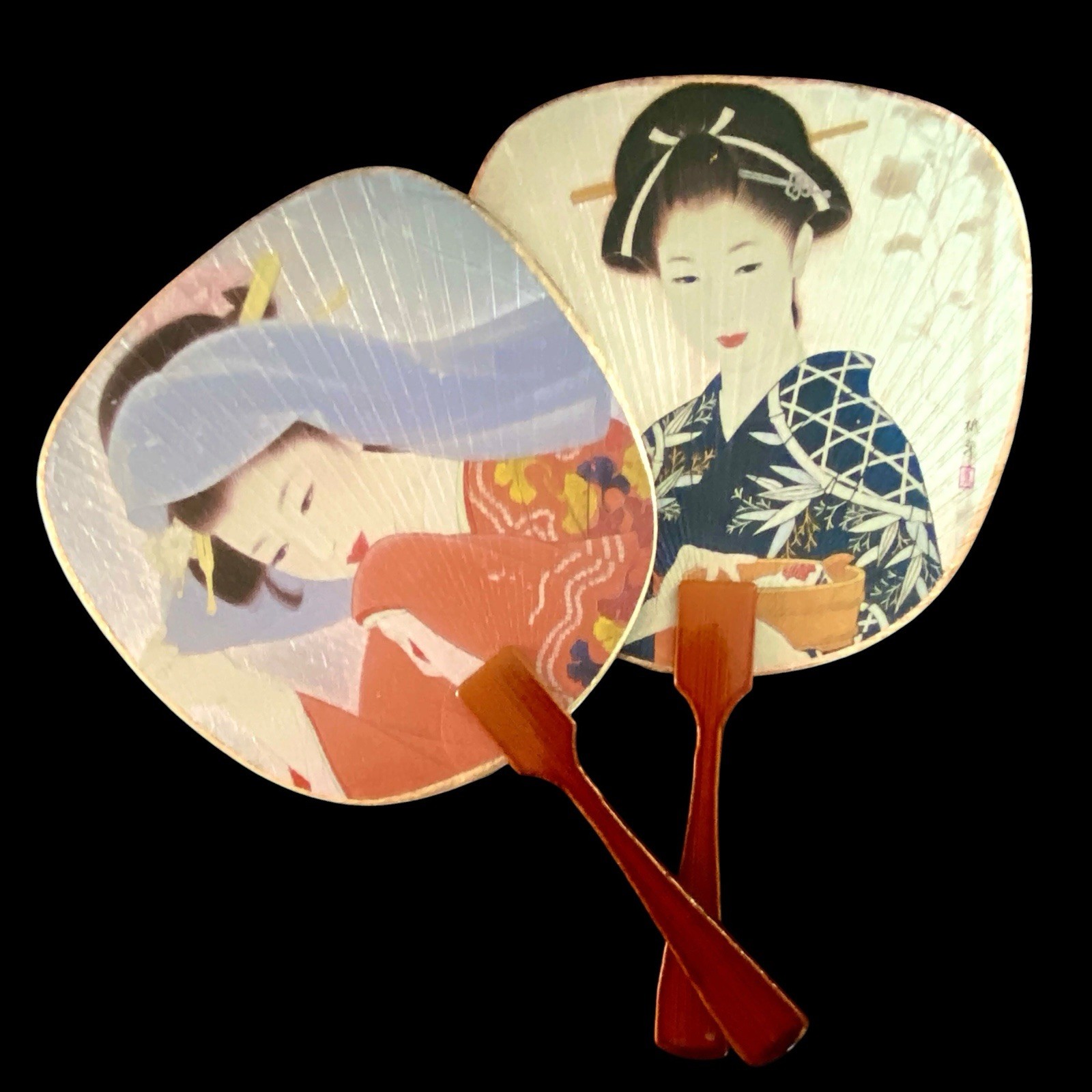 Vintage Japanese Geisha Bamboo Flat Paddle Hand Portrait Fans Art Uchiwa Pair