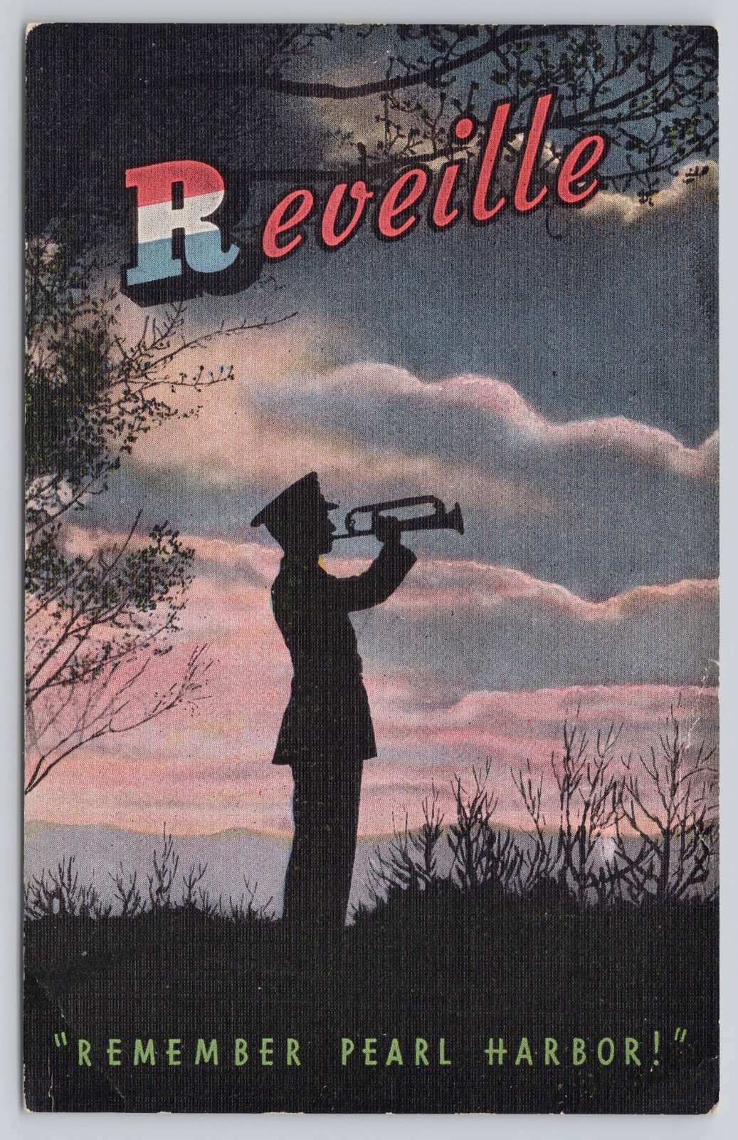 Reveille Remember Pearl Harbor Military Trumpeter Bugler Unposted Linen Postcard Reveille Remember Pearl Harbor Military Trumpeter Bugler Unposted Linen Postcard