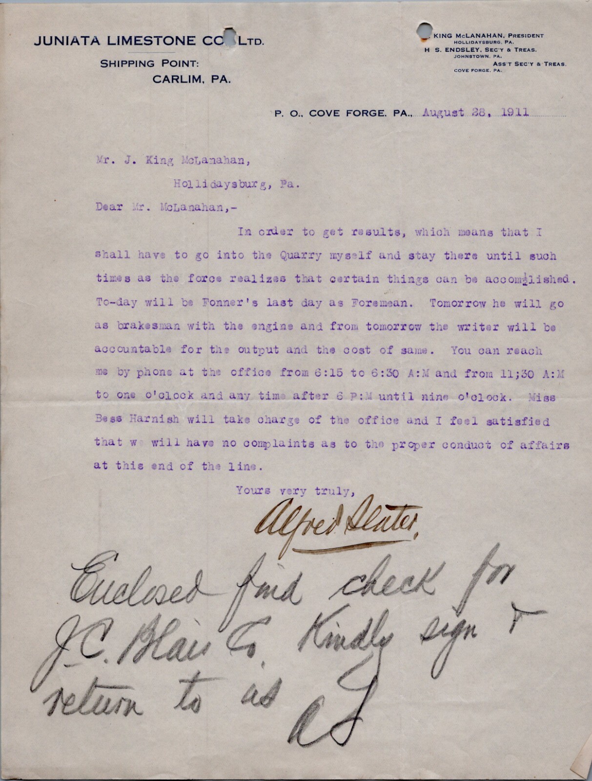 1911 Signed Letterhead Juniata Limestone Carlim Cove Forge PA Alfred Slater