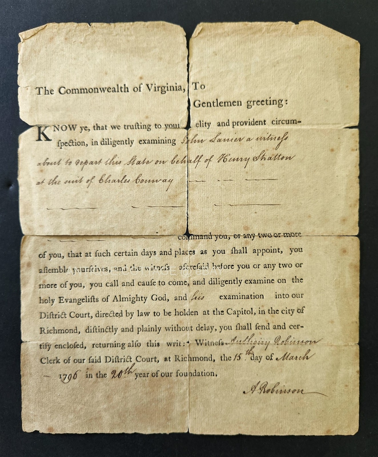 1796 antique RICHMOND VA LEGAL DOCUMENT John Lanier witness Shatton Chas Conway 1796 antique RICHMOND VA LEGAL DOCUMENT John Lanier witness Shatton Chas Conway