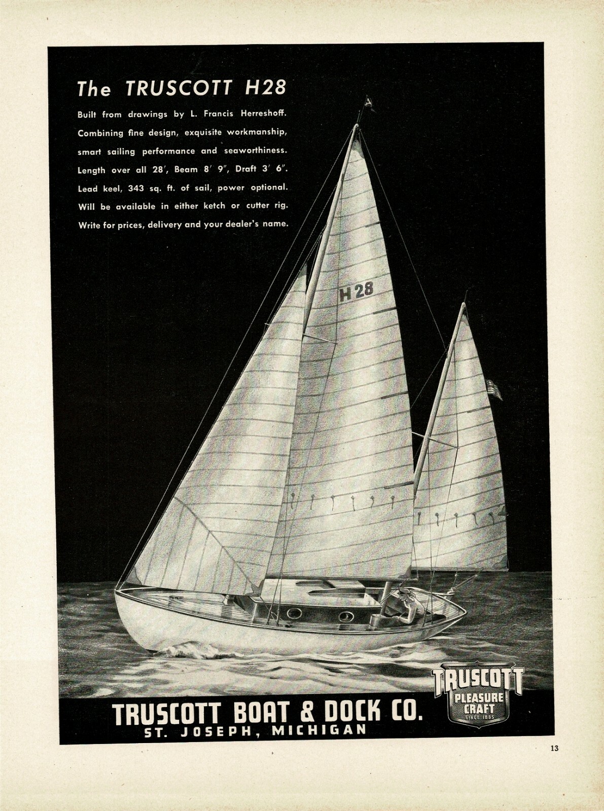 1945 TRUSCOTT BOAT & DOCK Truscott H28 Sailboat Vintage Print Ad