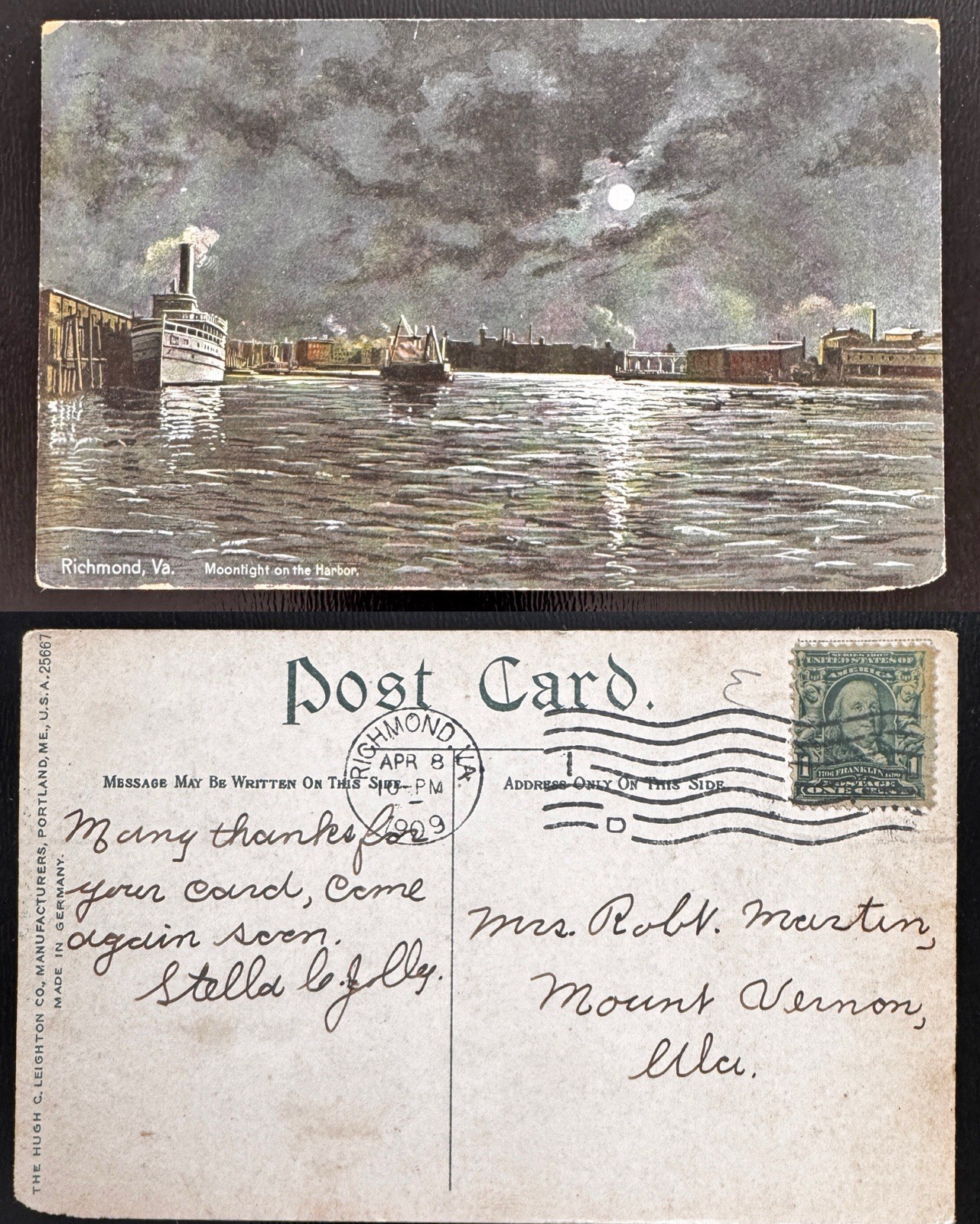 1909 Moonlight on the Harbor Steamboat James River Richmond Virginia B8 1909 Moonlight on the Harbor Steamboat James River Richmond Virginia B8