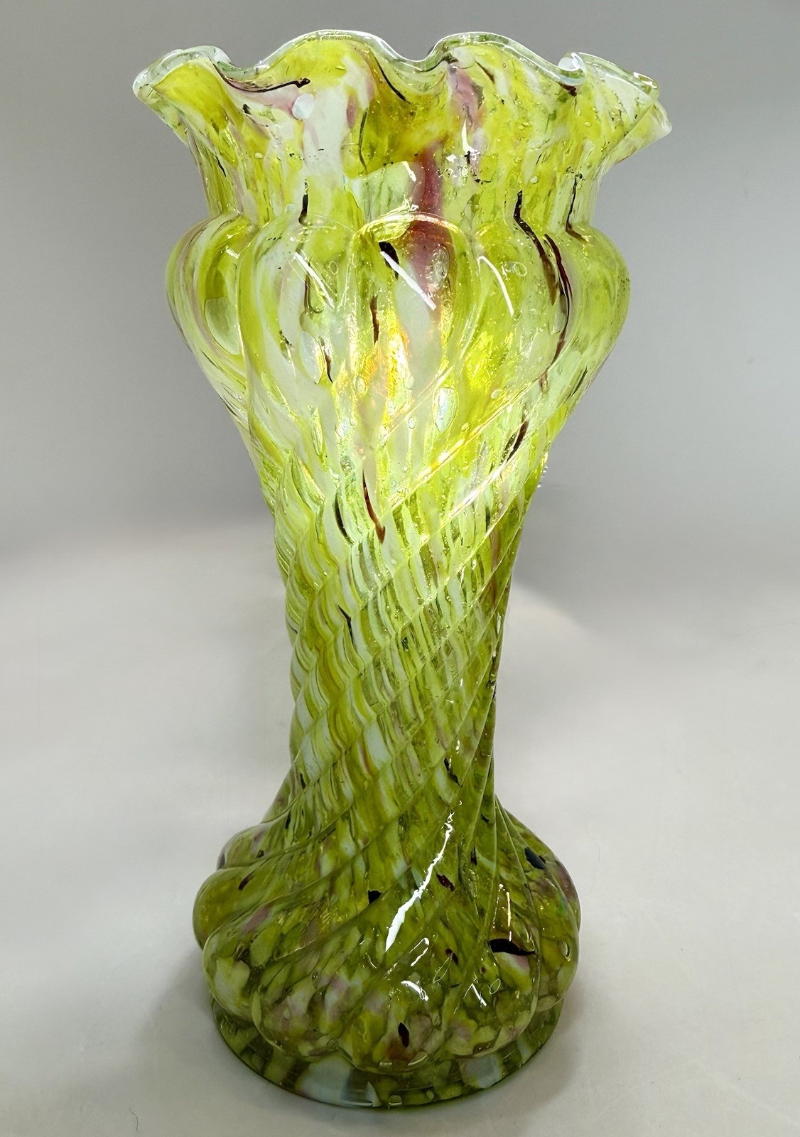 Antique “Legras” Hand-Blown Spatter Pattern Lime Green, White/Hints of Pink  7”t