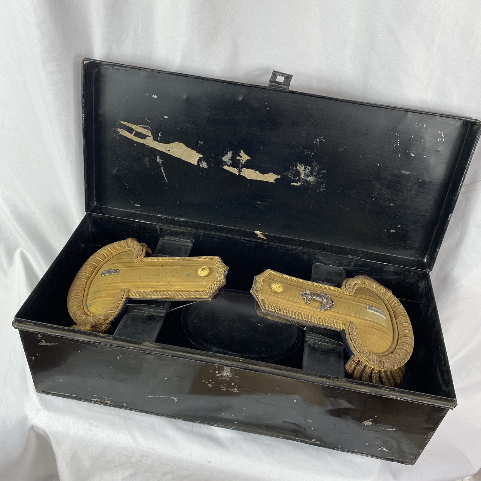 Original 1890s Span Am US Navy Bicorn Case w/ Bullion Epaullettes Officer