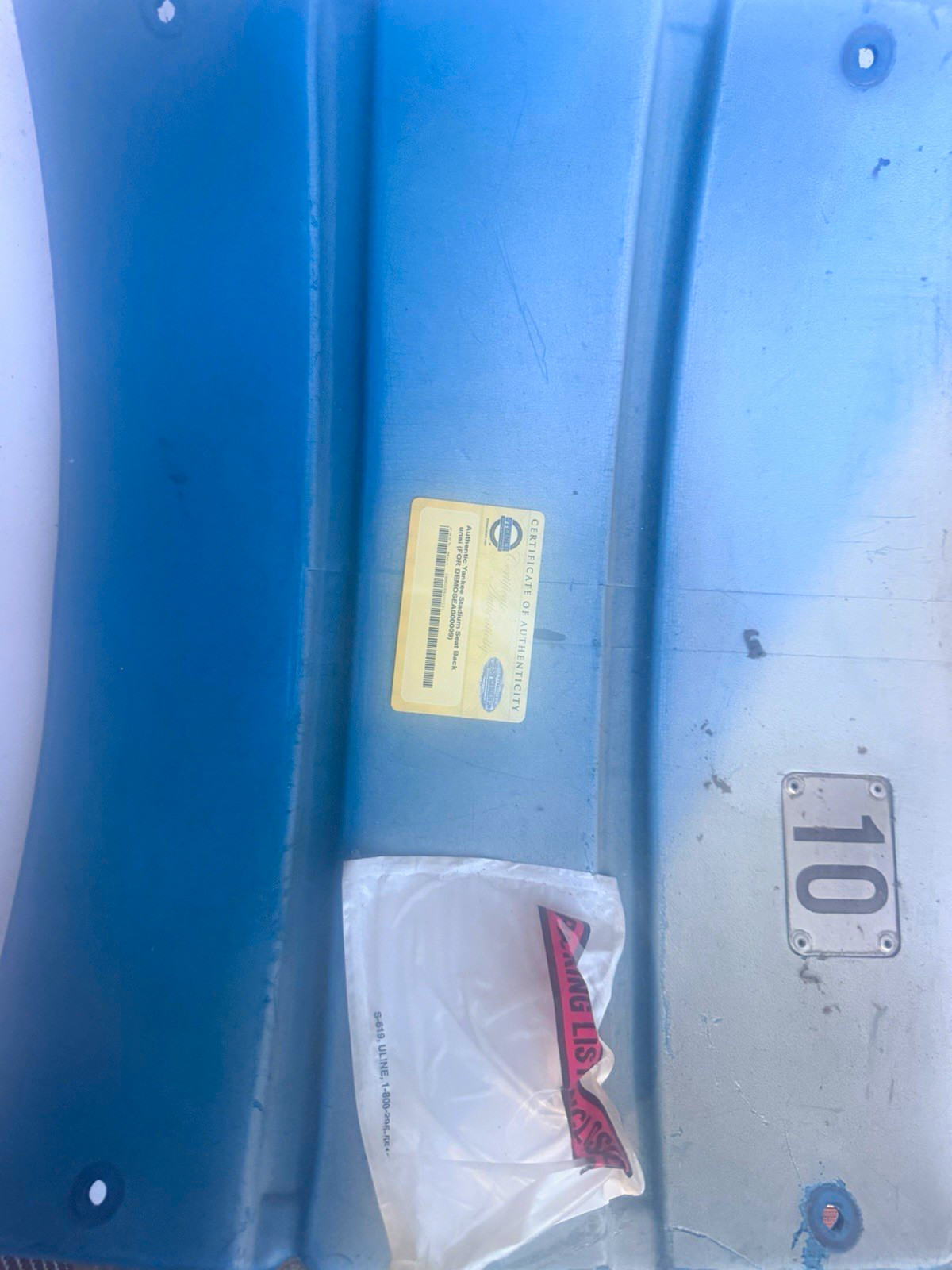 Yankees Stadium Blue Stadium Seat Back Panel w/ Seat Number Plate 10 COA Yankees Stadium Blue Stadium Seat Back Panel w/ Seat Number Plate 10 COA