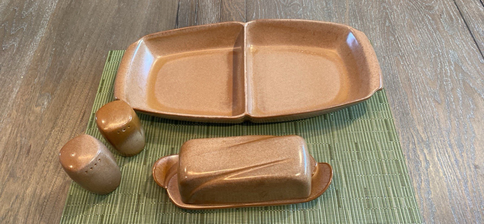 Vtg Frankoma Desert Gold Set Divided Dish Butter Dish Salt/Pepper Shakers, 4pc Vtg Frankoma Desert Gold Set Divided Dish Butter Dish Salt/Pepper Shakers, 4pc