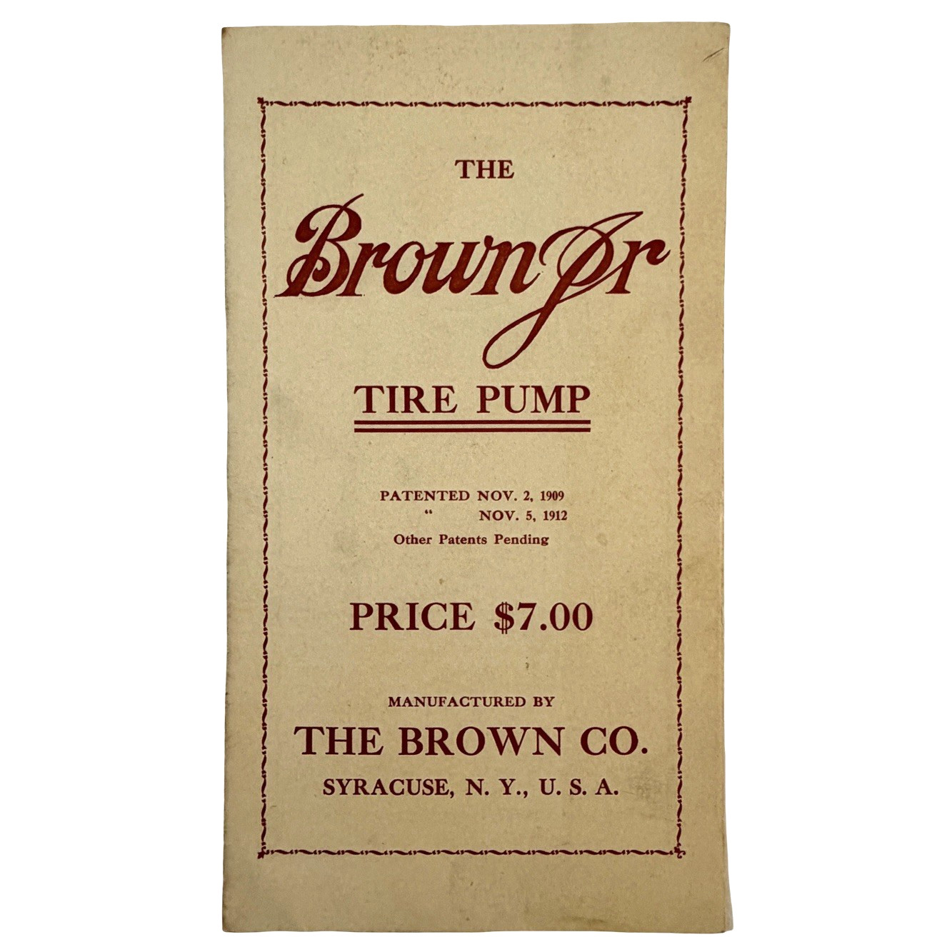 Antique 1914 Brown Jr Tire Pump Sales Brochure Syracuse NY Ford Auto Accessory
