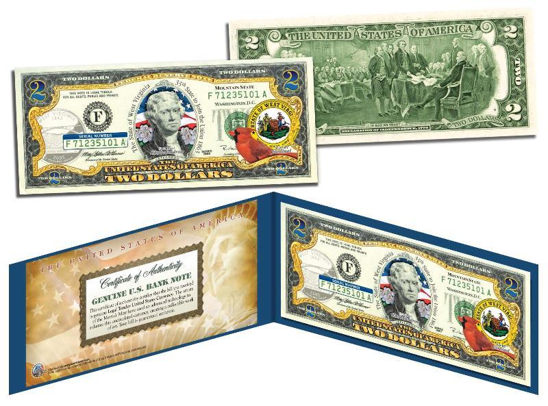 WEST VIRGINIA Statehood $2 Two-Dollar Colorized US Bill WV State *Legal Tender* WEST VIRGINIA Statehood $2 Two-Dollar Colorized US Bill WV State *Legal Tender*