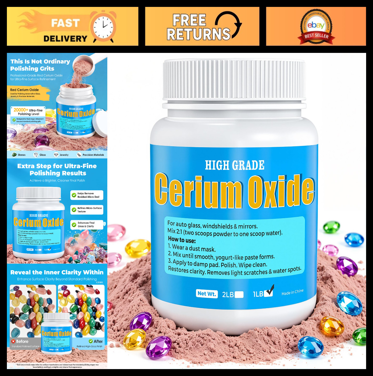 Ultra-Fine Red Cerium Oxide Polish for Rock Tumblers | Mirror Finish for Gemston