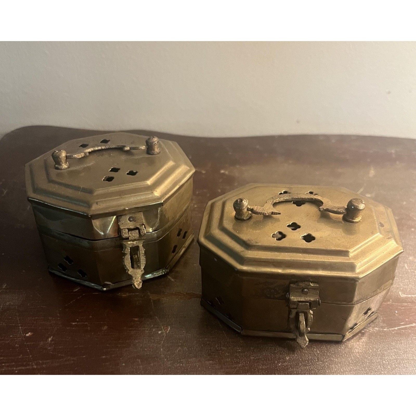 Pair Vintage Solid Brass Cricket Trinket Boxes (India)
