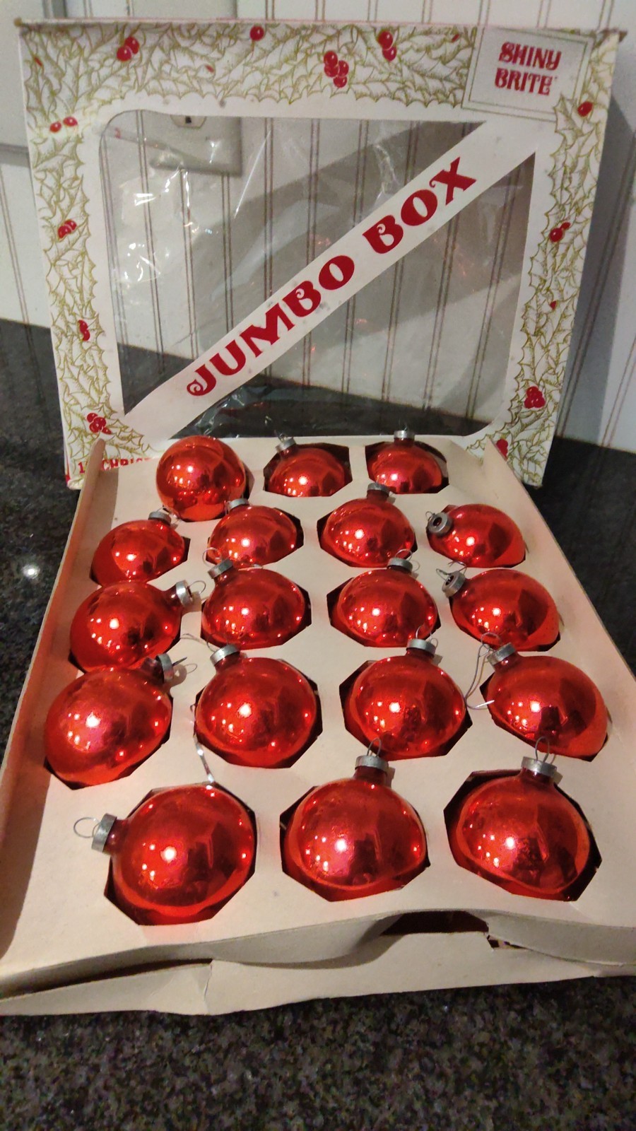 VTG SHINY BRITE JUMBO Box of 18 Mercury Glass Red 2 VTG SHINY BRITE JUMBO Box of 18 Mercury Glass Red 2