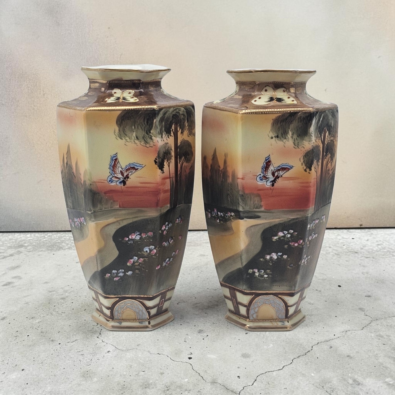 Antique Nippon Imperial Mark Hand Painted Landscape Vases Moriage Gilt 9.5”