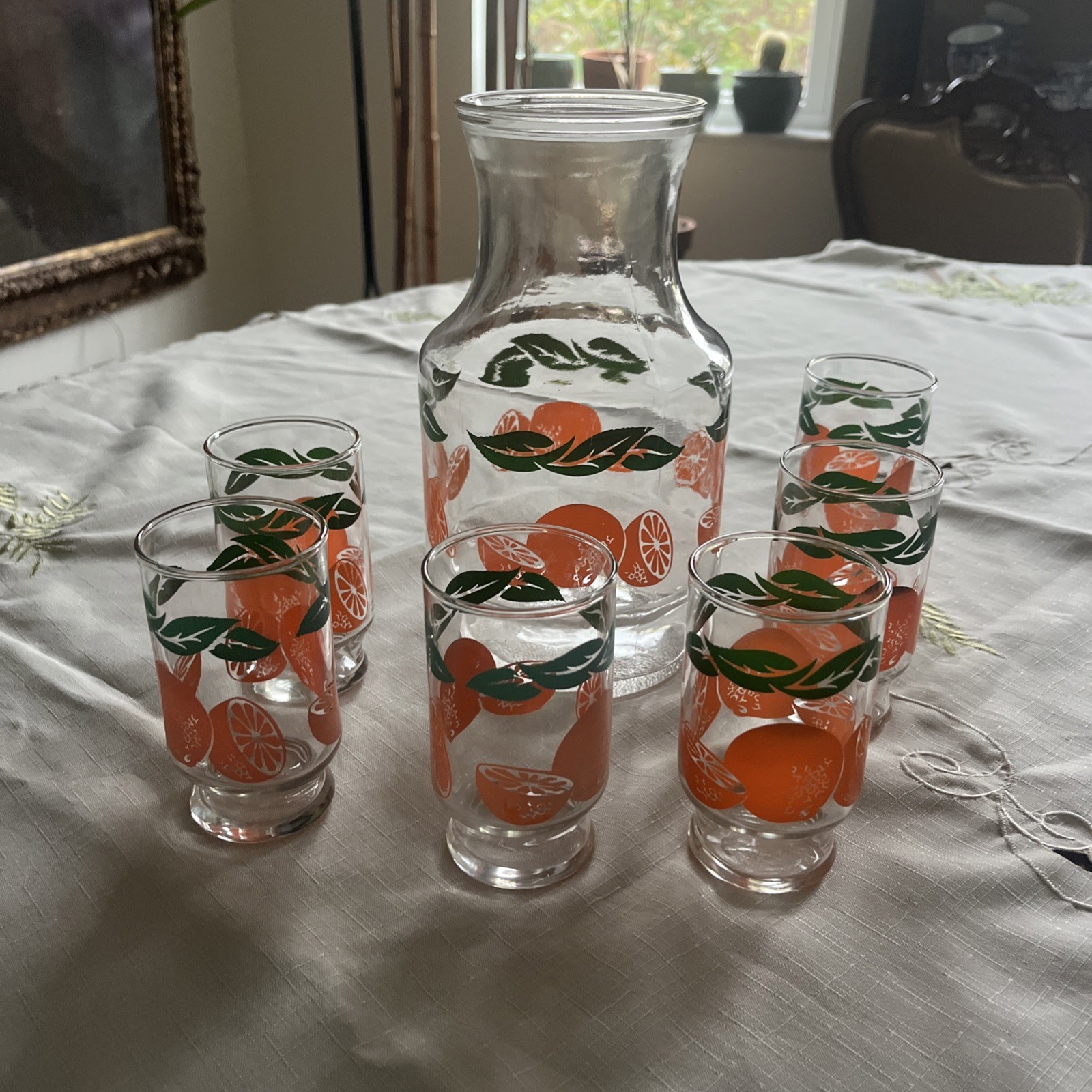 Vintage Anchor Hocking Orange Juice Carafe Set With Six Glasses Mid Century
