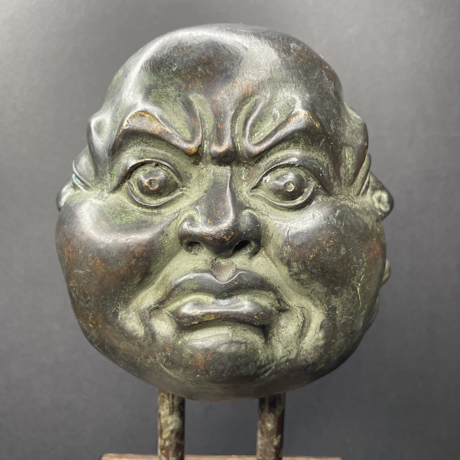 Vintage Chinese Solid Bronze Four Faces Statue Figurine Wood Base 7.5\
