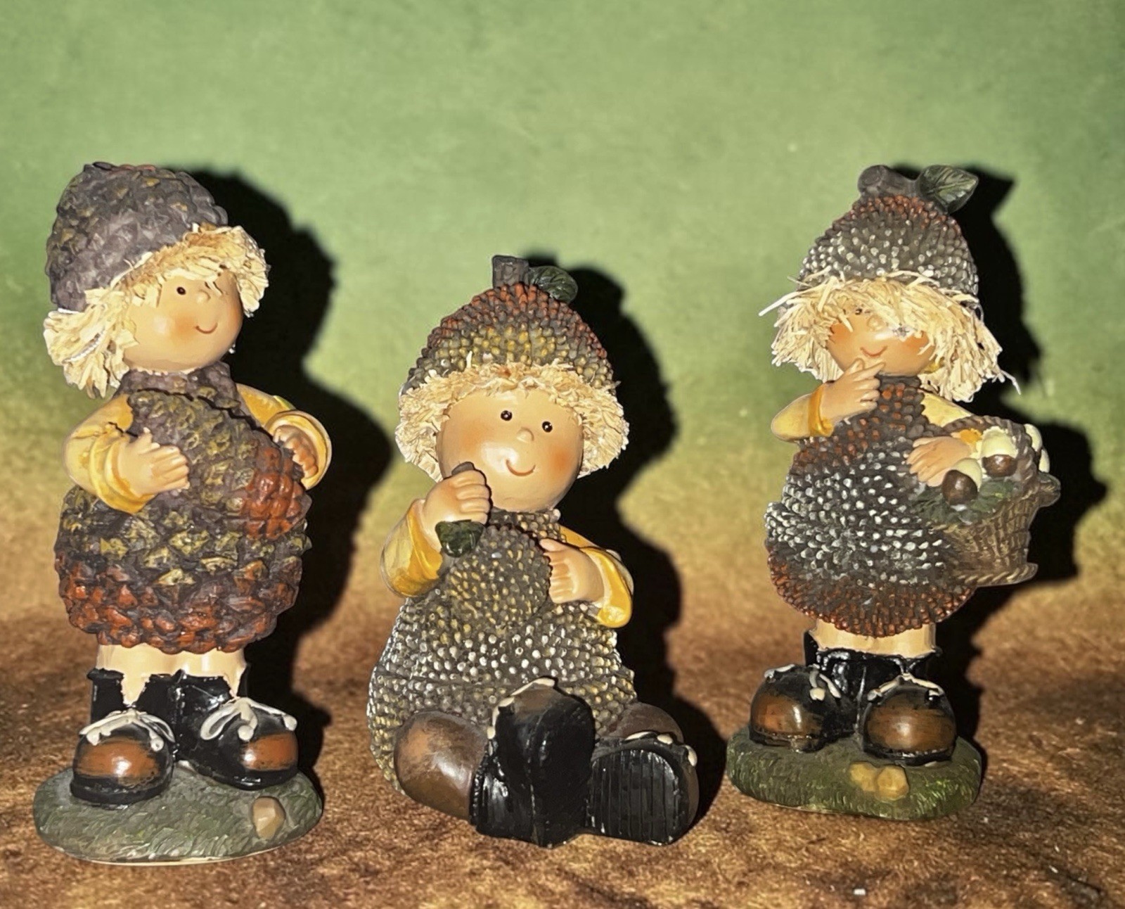 Vintage set of (3) Fall Decorations figures w/ acorn hats sweet harvest Vintage set of (3) Fall Decorations figures w/ acorn hats sweet harvest