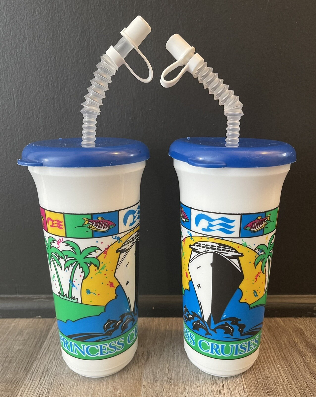 Vintage Proncess Cruises Cup w/ Straw Set Of 2 22oz Big Sport Retro - NEW 