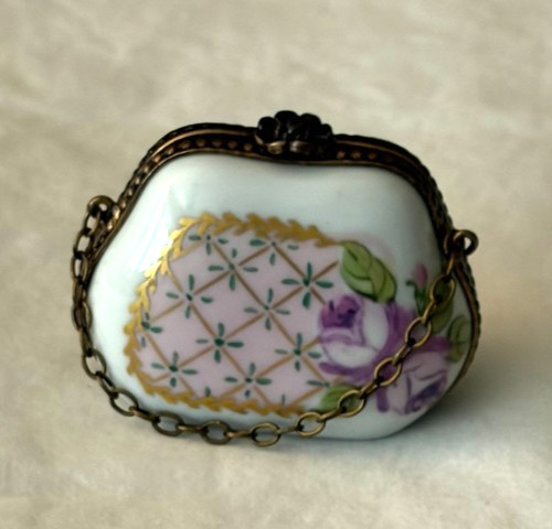 Vintage Limoges France Peint Hand Painted Porcelain Handbag Trinket Box Vintage Limoges France Peint Hand Painted Porcelain Handbag Trinket Box