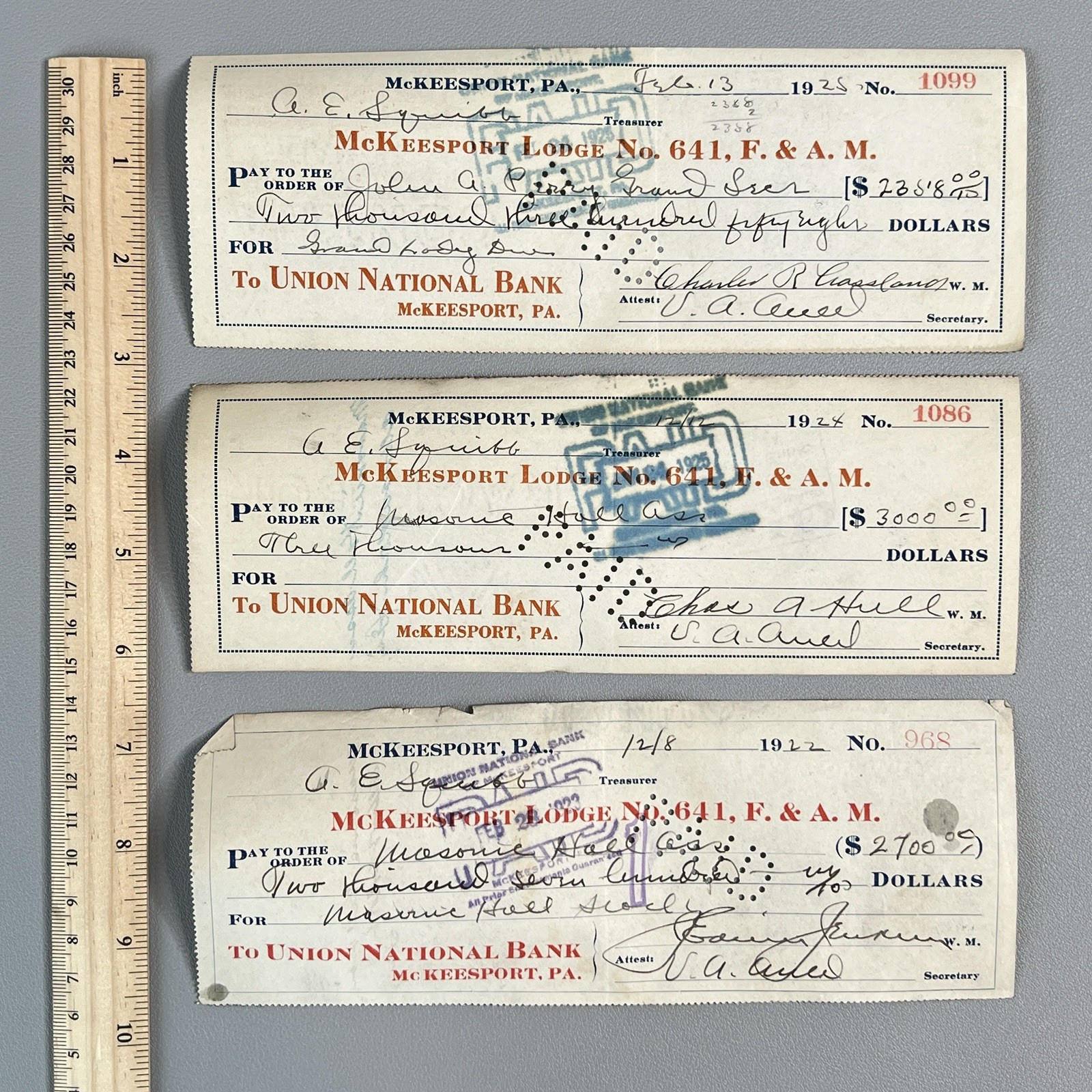 Vtg 1922-25 High Value $8058 Masonic Hall Stock Canceled Checks Lot 3 McKeesport