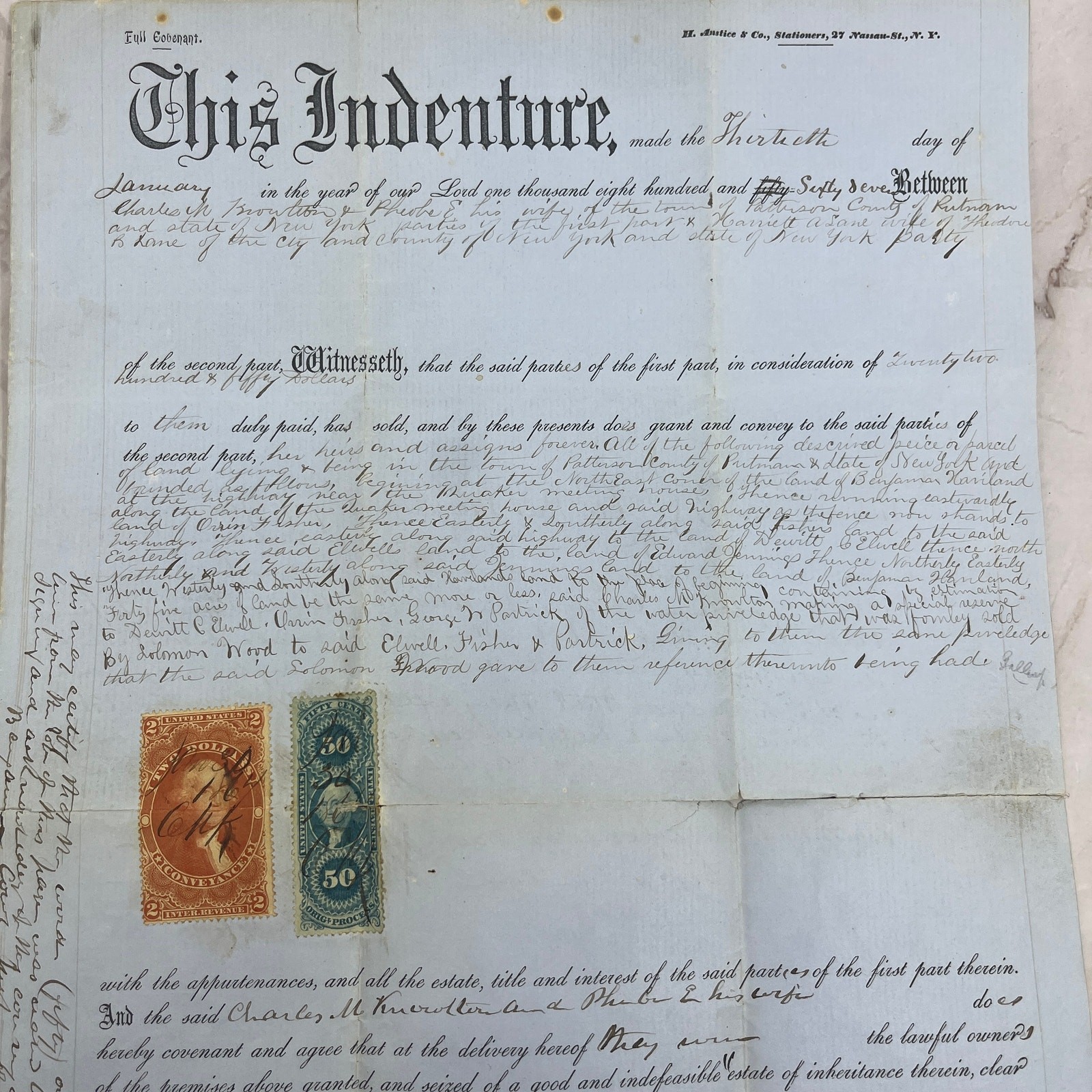 1867 Indenture Charles M Knowlton & Phebe Knowlton Putnam County NY AE7 1867 Indenture Charles M Knowlton & Phebe Knowlton Putnam County NY AE7
