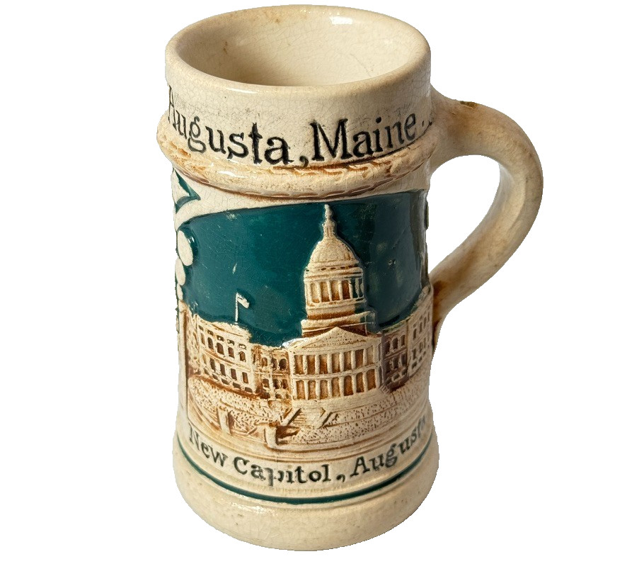 AUGUSTA MAINE ME BEER STEIN GERMANY POTTERY ANTIQUE SOUVENIR CUP AUGUSTA MAINE ME BEER STEIN GERMANY POTTERY ANTIQUE SOUVENIR CUP
