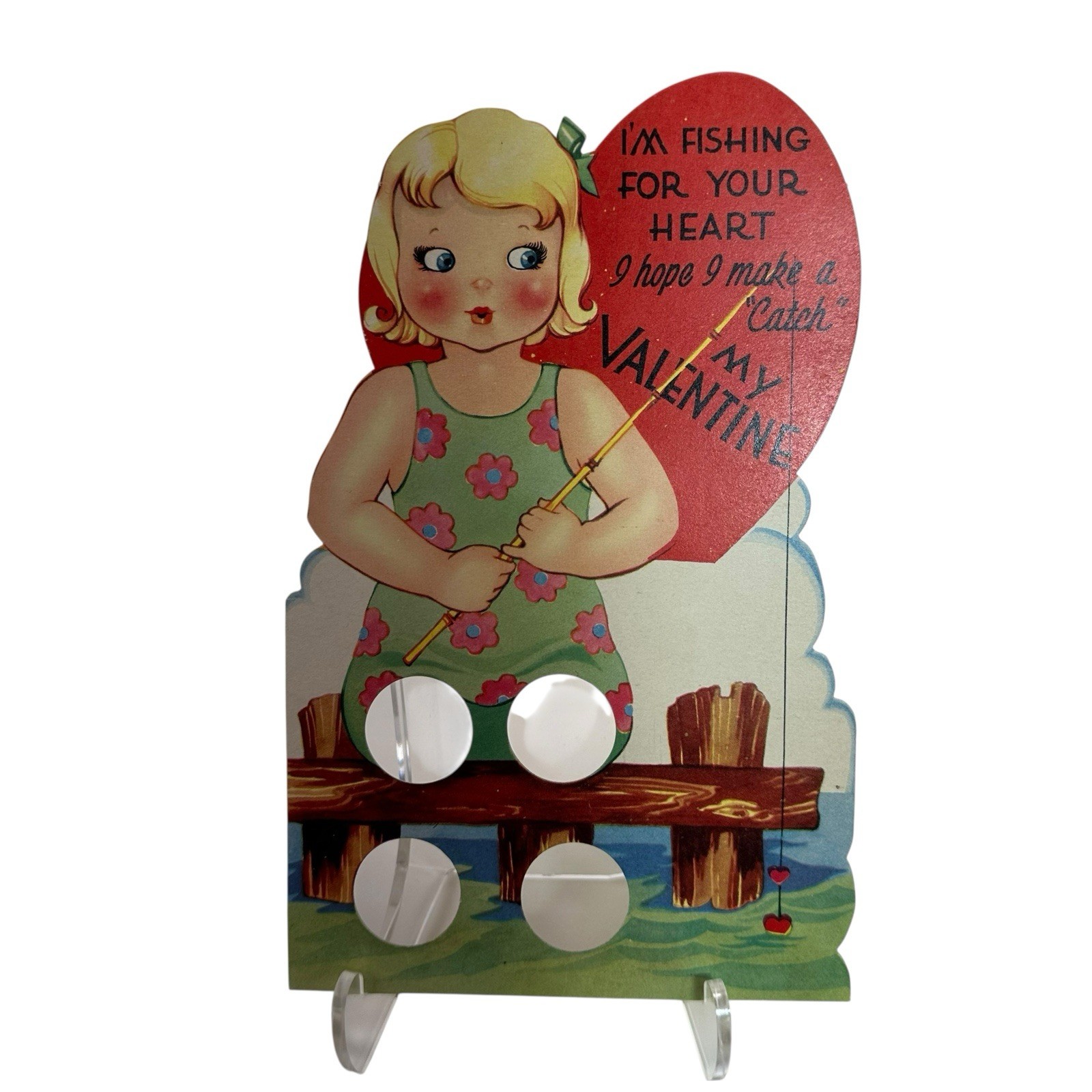 Vtg 20’s Carrington Fishing Bamboo Pole Novelty Valentine Girl Green Bathingsuit