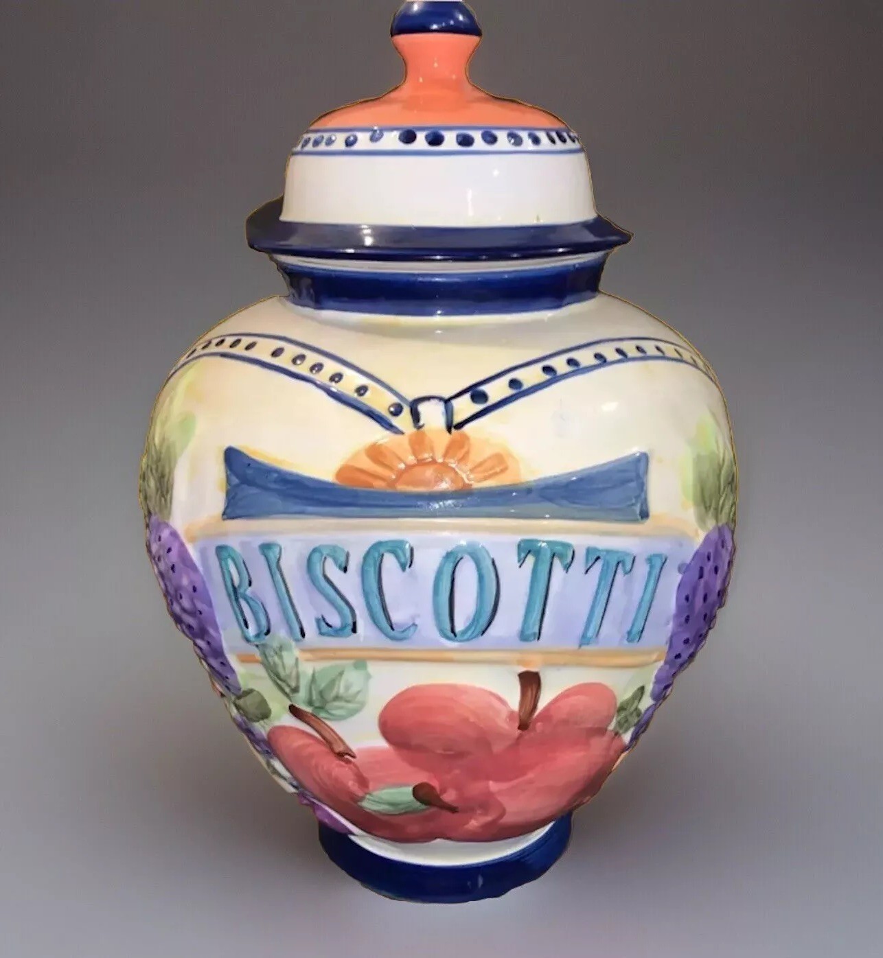Vintage Biscotti Ceramic Cookie Jar Hand Painted Fruit Italian Tuscan Style 9in