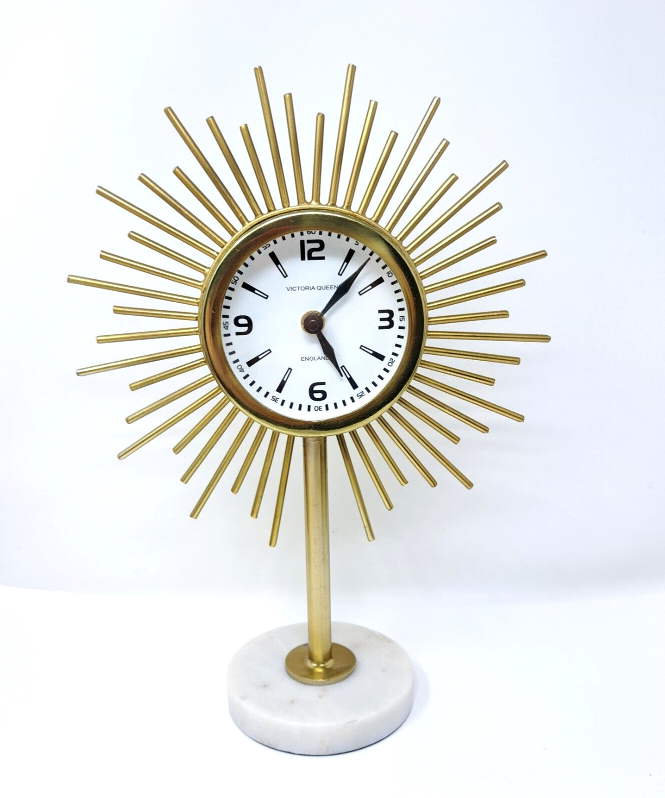 Vintage MCM Victoria Queen England Starburst Clock Marble Base Quartz Works Vintage MCM Victoria Queen England Starburst Clock Marble Base Quartz Works