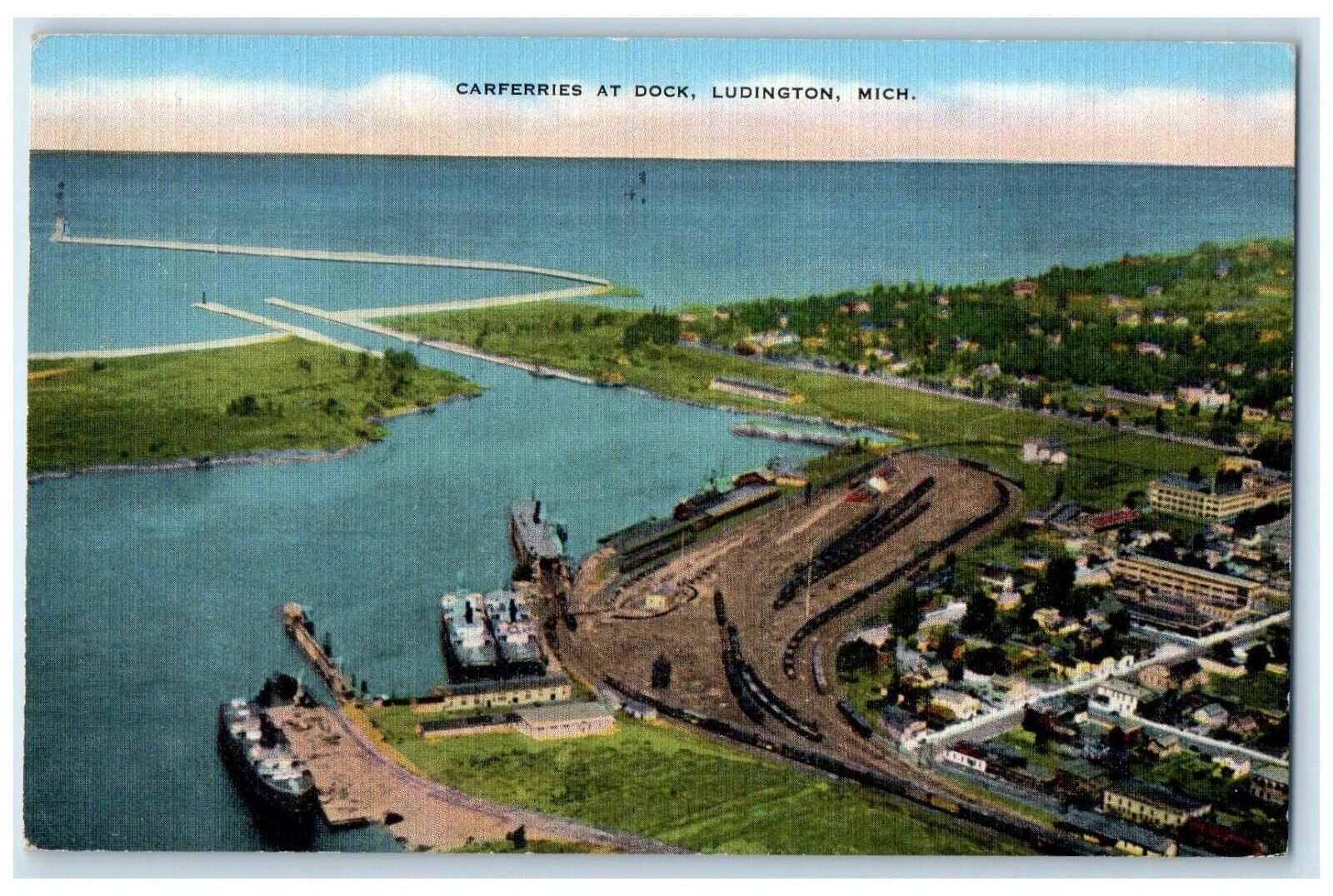 c1947 Carferries Dock Lake Michigan Wisconsin Ports Ludington Michigan Postcard